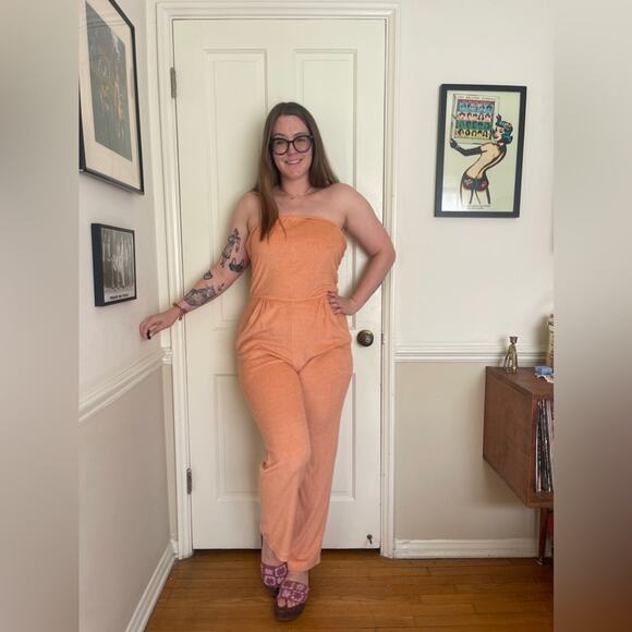 70s Vintage Peach Terry Cloth Jumpsuit